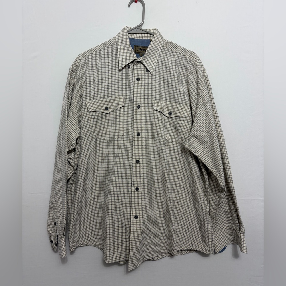 Roper Western Button Down men’s Shirt L Cream Blue Check Cowboy(A396)✨